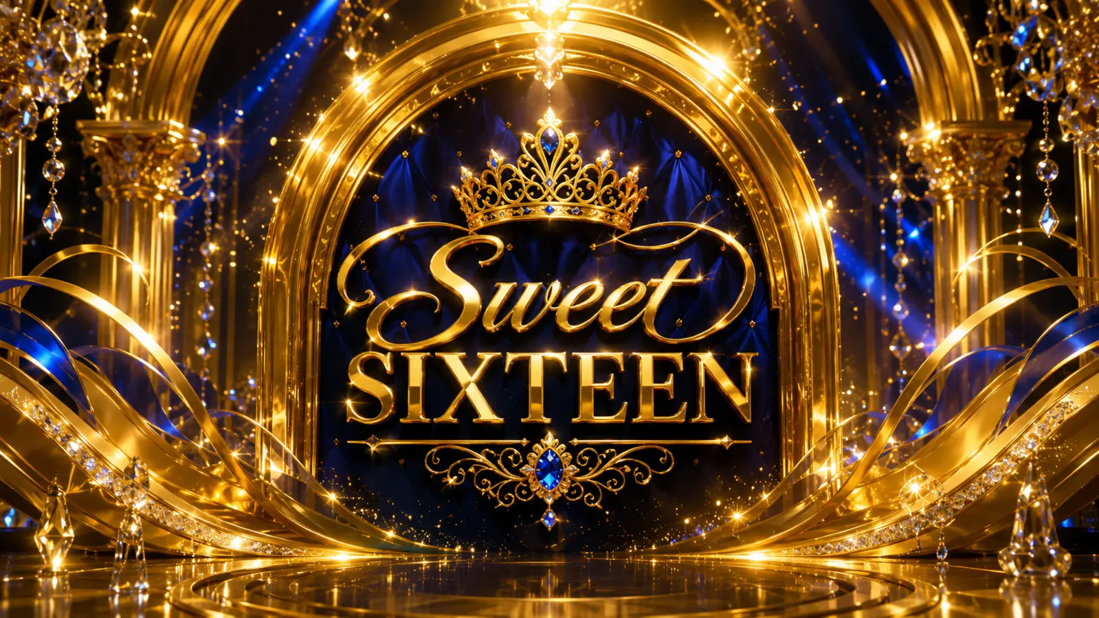 Visual personalizado de Sweet Sixteen en azul y dorado
