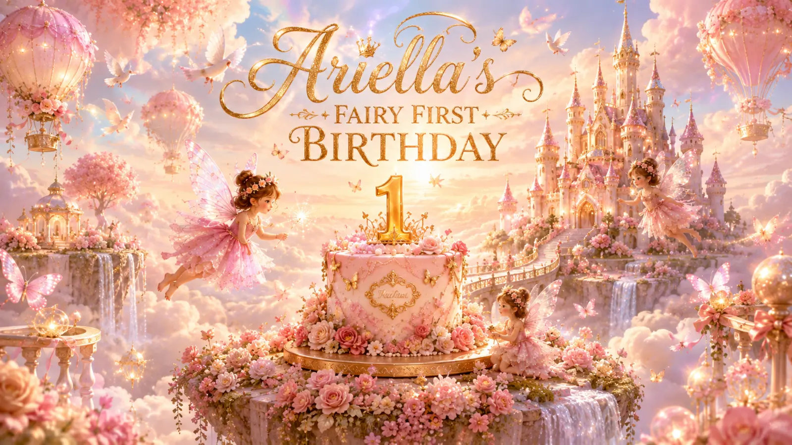 Visual de primer cumpleaños de Ariella con castillo